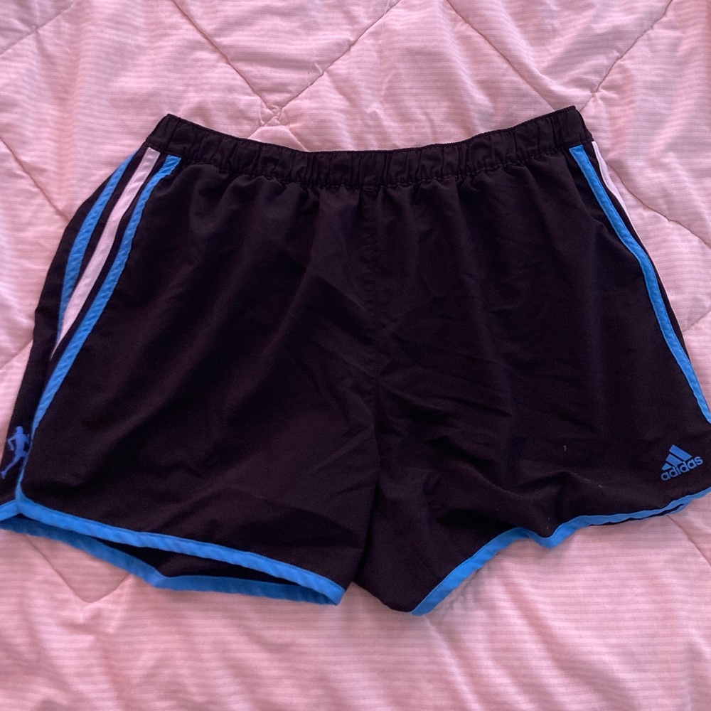 Black blue and white adidas running shorts